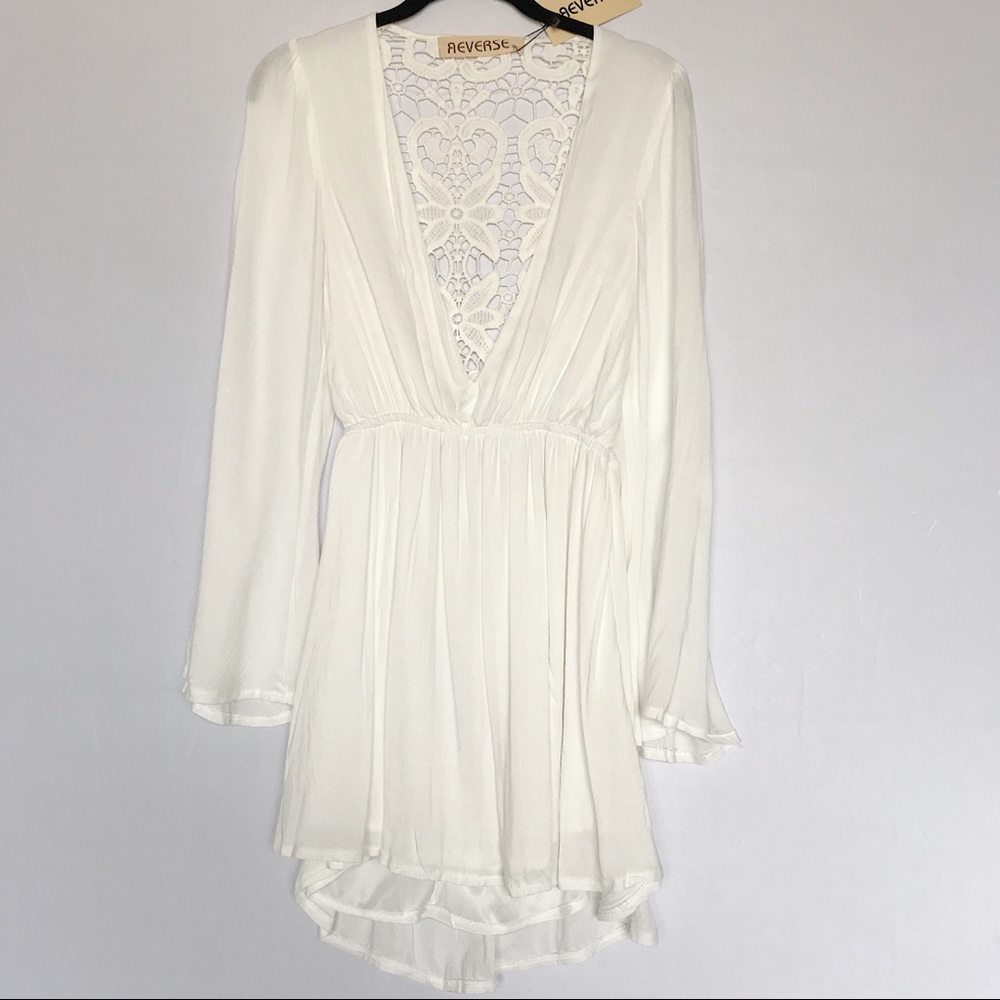 Reverse Crochet Lace Long Sleeve Bohemian Cottagecore White Bachelorette Dress